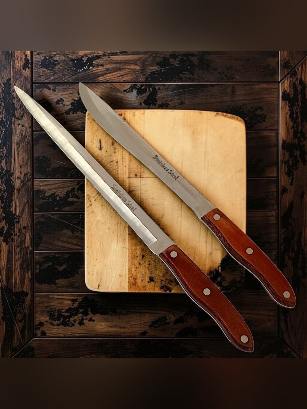 2 Interpur Japan Carving Knives Stainless Steel Blades Wood Handles Full Tang
